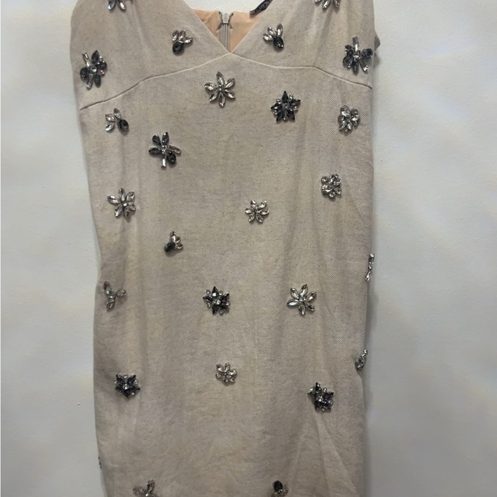 Elegant Cream Linen Floral Embellished Dress